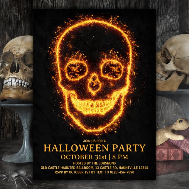 Convites Festa de Halloween de Fiery Skull (Halloween invitation fiery skull, let's set the party on fire. Burning skull Halloween invitation)