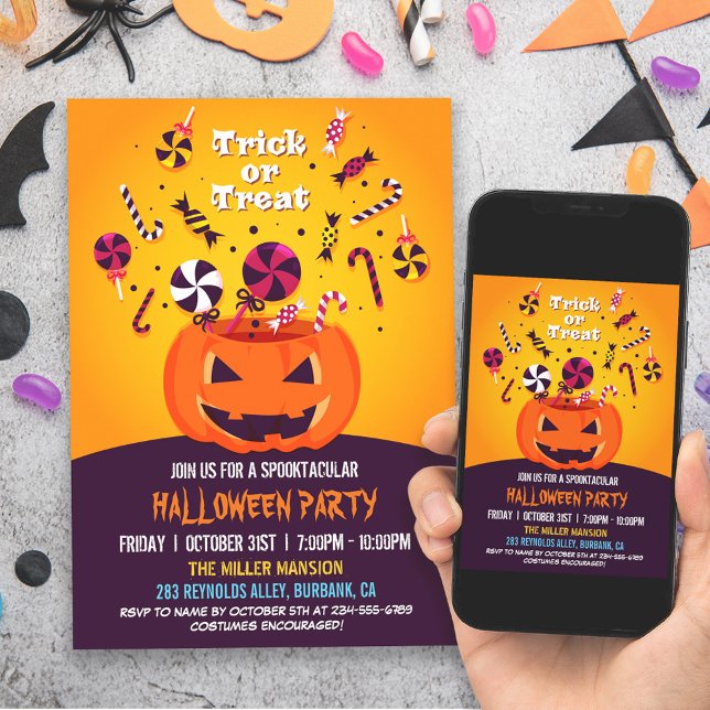 Convites Festa de Halloween de Jack-O-lantern ou Trick (Get ready to treat your guests to a spooktacular time with this festive and inviting invitation!)