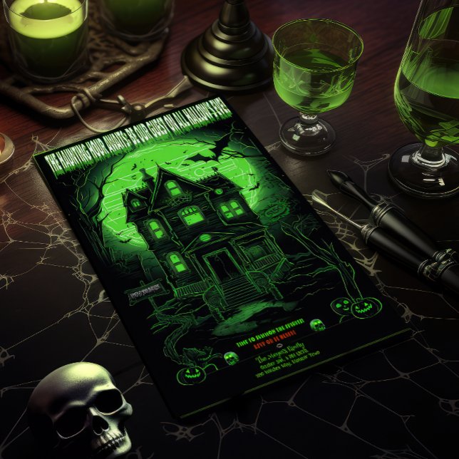 Convites Festa de Halloween de Mansão Assombrada de Spooky  (Spooky Fun Haunted Mansion Glowing Green and Black Halloween Party Invite)