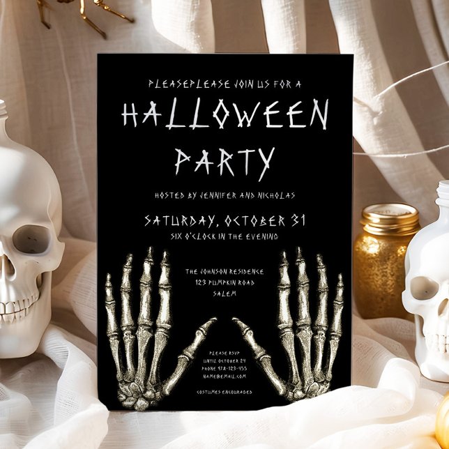 Convites Festa de Halloween de Mãos de Esqueleto Louco (Spooky Skeleton Hands Halloween Party Invitation)