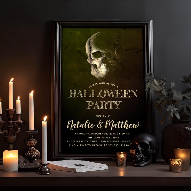 Convites Festa de Halloween de Skull Spooky Night (Eerie Night, Creepy, Scary Skull Adult Halloween Party Invitation)
