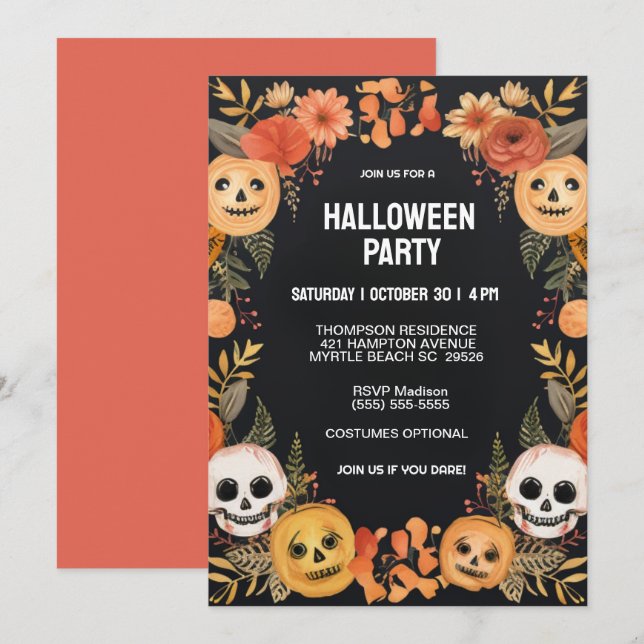 Convites Festa de Halloween de Spooky Pumpkins Skulls (Frente/Verso)