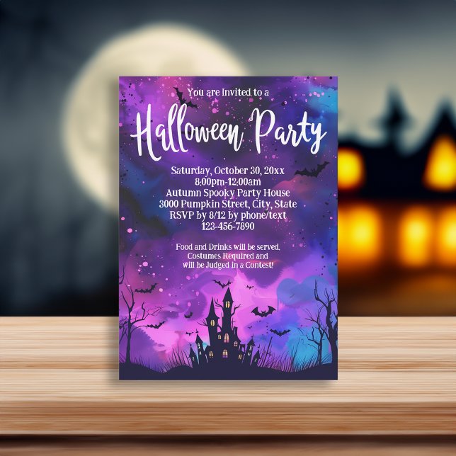 Convites Festa de Halloween de Tinta da Casa Assombrada Rox (purple haunted house invitation)