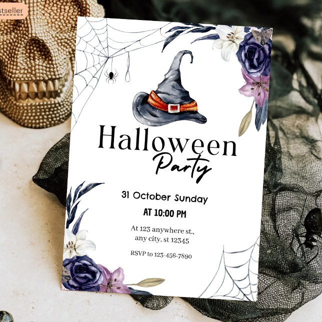 Convites Festa de Halloween de Witthat & Spiderweb (Witch Hat & Spiderweb Watercolor Halloween Party Invitation
)
