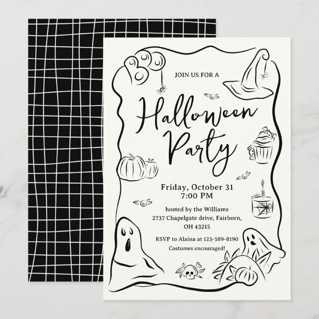 Convites Festa de Halloween Desenho à Mão Excêntrico  (Frente/Verso)