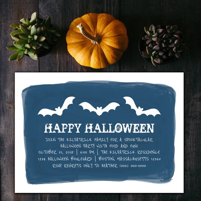 Convites Festa de Halloween do Bats White Azul (Blue and White Watercolor Bats Halloween Party Invite)