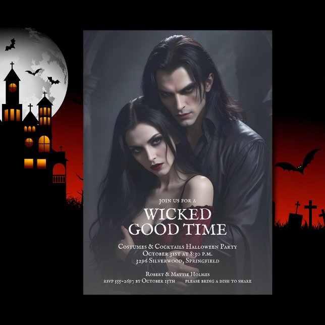 Convites Festa de Halloween do Casal Vampiro (Vampire Couple Halloween Party Invitations)