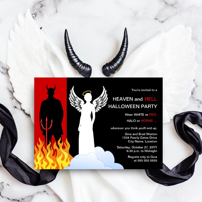Convites Festa de Halloween do Céu e do Inferno (Celebrate a heaven and hell Halloween party by inviting your guests with this angel and devil invite)