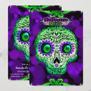 Convites Festa de Halloween do Crânio Brilhante Verde e Rox