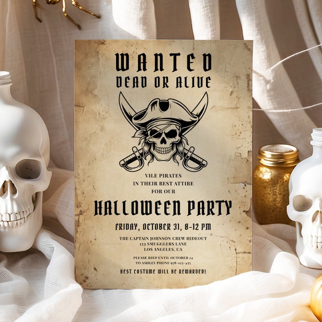 Convites Festa de Halloween do Crânio de Pirata Vintage  (Vintage Pirate Skull Halloween Party Invitation)