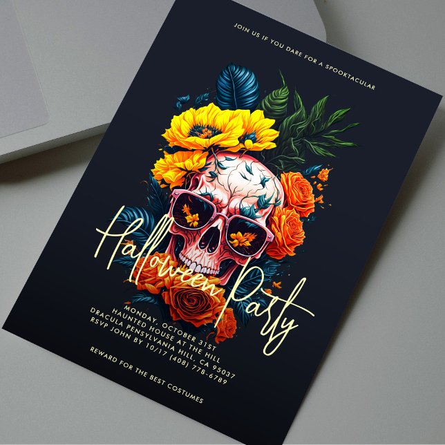 Convites Festa de Halloween do Crânio Floral Moderno (Floral Skull Halloween Party Invitation
)