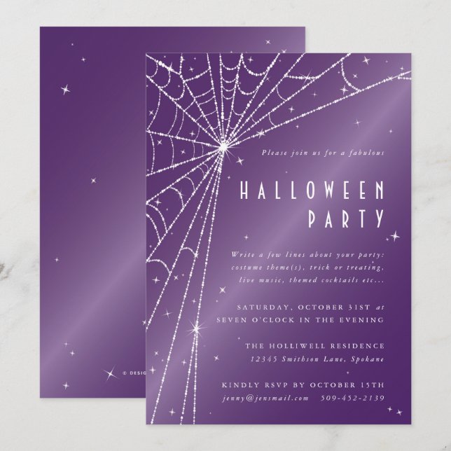 Convites Festa de Halloween do Elegante Roxo Diamond Spider (Frente/Verso)