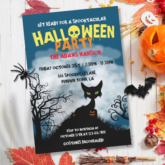Convites Festa de Halloween do Gato Assustador (Spooky Cat Halloween Party Invitation)