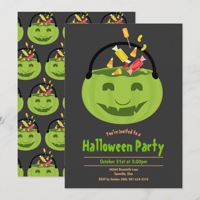 Convites Festa de Halloween do Green Ghoul Pail Candy (Frente/Verso)