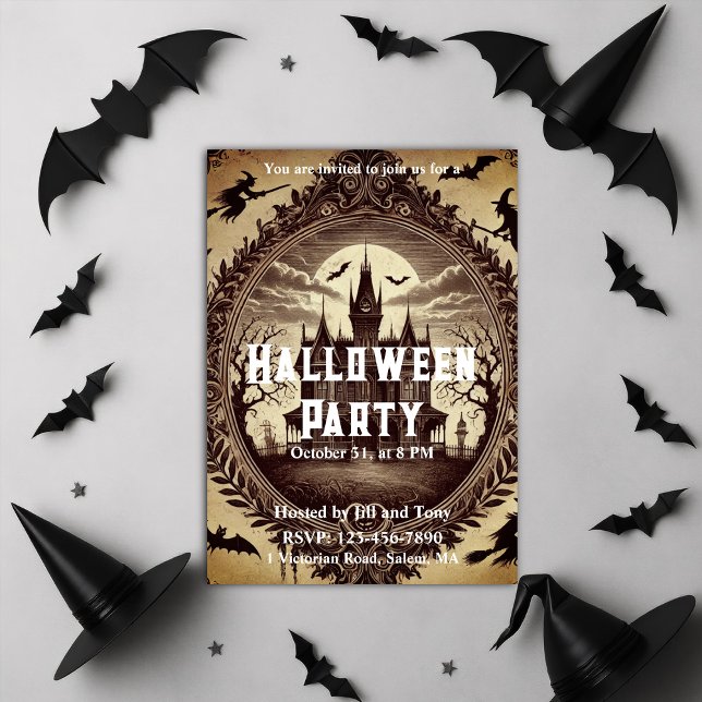Convites Festa de Halloween do Halloween vitoriano gótico (Gothic Victorian Haunted House Halloween Party Invitation)