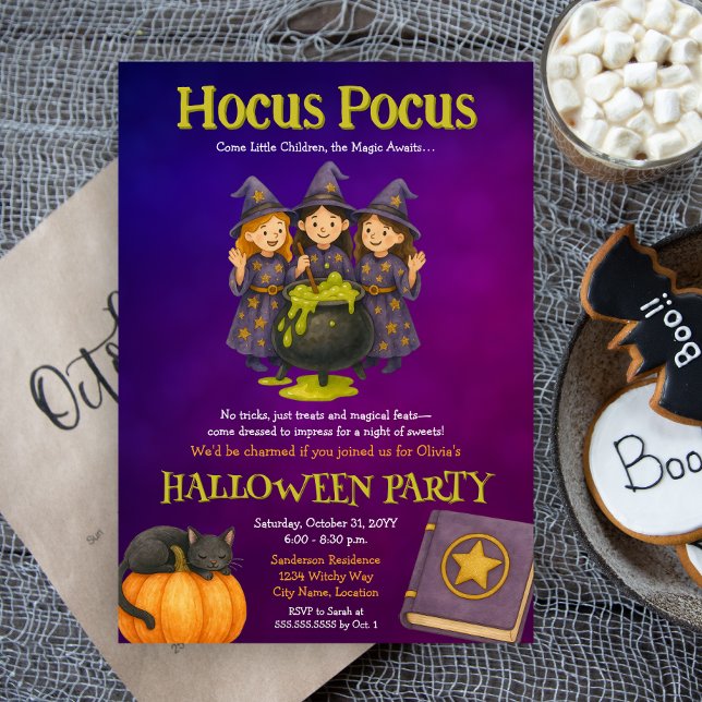 Convites Festa de Halloween do Hocus Pocus Kids (Fun witches Halloween costume party invitation for kids)