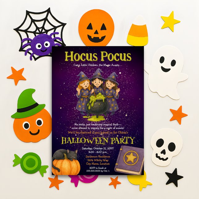 Convites Festa de Halloween do Hocus Pocus Kids (Hocus Pocus fun witches October Halloween Party invitation)