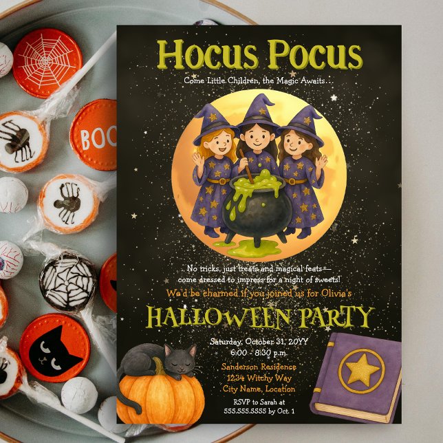 Convites Festa de Halloween do Hocus Pocus Witchy (Hocus Pocus three young witches Halloween Party invite)