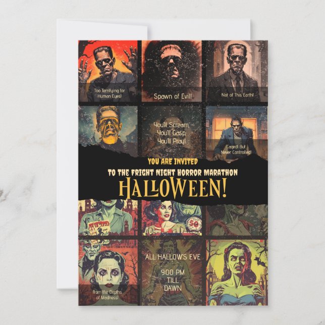 Convites Festa de Halloween do Monstro do Filme Retro (Frente)