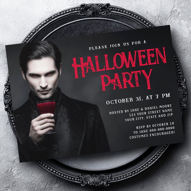 Convites Festa de Halloween do sangue do bebendo de vampiro (Handsome vampire drinking blood Halloween party Invitation)