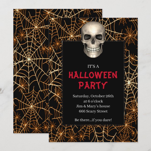 Convites Festa de Halloween do Skull Orange Spider (Frente/Verso)