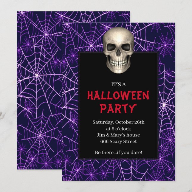 Convites Festa de Halloween do Skull Purple Spider na Web (Frente/Verso)