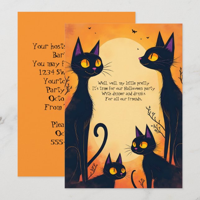 Convites Festa de Halloween dos Gatos Pretos Altos (Frente/Verso)