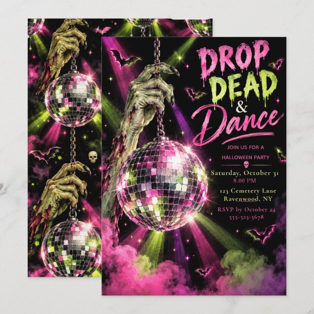 Convites Festa de Halloween Drop Dead & Dance (Frente/Verso)