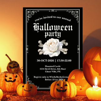 Convites Festa de Halloween Elegante Preta com Rosa Pratead