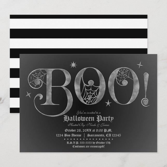 Convites Festa de Halloween elegante Silver & Black BOO (Frente/Verso)