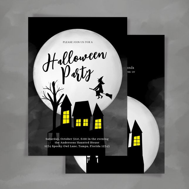Convites Festa de Halloween em Casa Assombrada Personalizad (Halloween party Invitation with spooky haunted house and flying witch.)