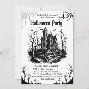 Convites Festa de Halloween em Casa Assombrada Preta e Bran