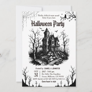 Convites Festa de Halloween em Casa Assombrada Preta e Bran