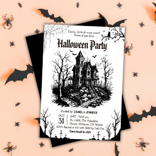 Convites Festa de Halloween em Casa Assombrada Preta e Bran