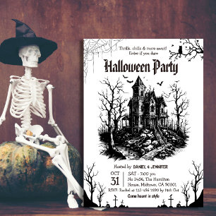 Convites Festa de Halloween em Casa Assombrada Preta e Bran