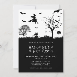 Convites Festa de Halloween em Preto e Branco da Bruxa Assu