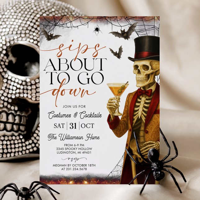 Convites Festa de Halloween Esqueleto com Drinks Prestes a  (Sips About to Go Down Skeleton Halloween Party)