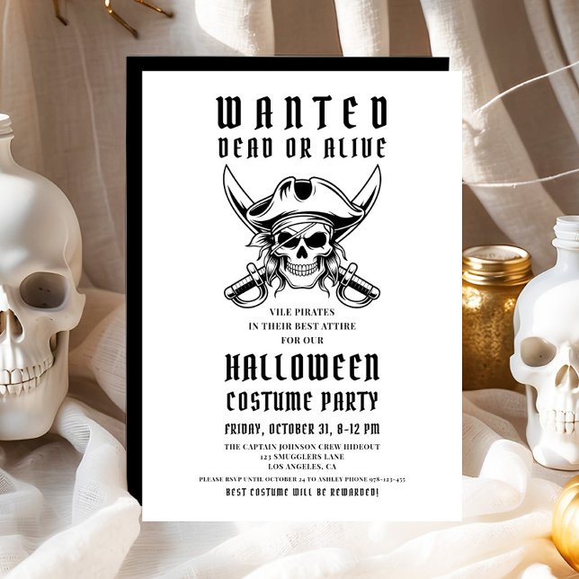 Convites Festa de Halloween Fantasia Pirata Caveira Vintage (Vintage Pirate Skull Halloween Costume Party Invitation)