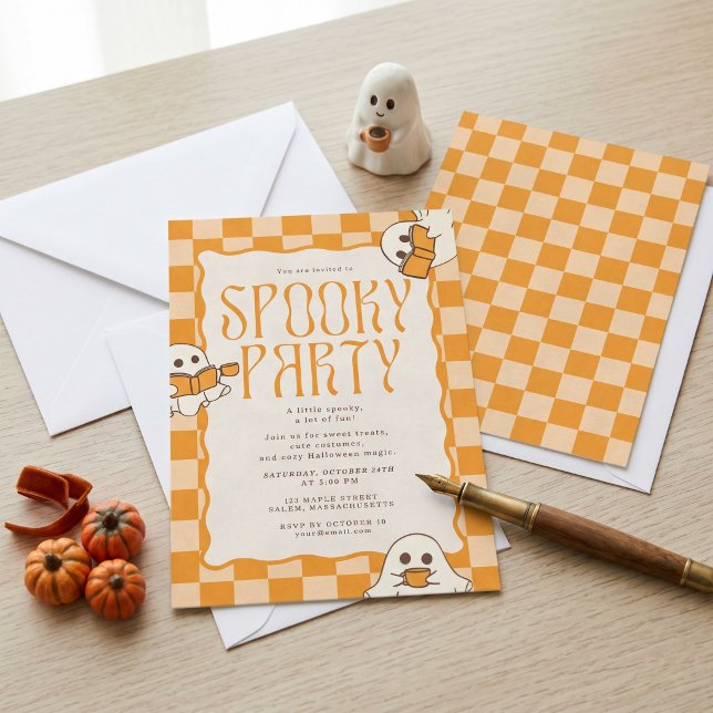 Convites Festa de Halloween Fantasma Fofo Retrô Assustador (Retro Spooky Cute Ghost Halloween Party Invitation)