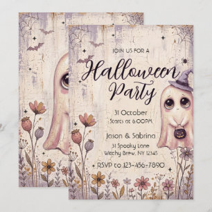 Convites Festa de Halloween Fantasma Fofo Vintage Rosa