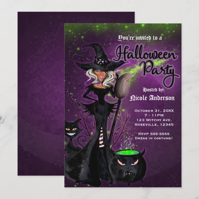 Convites Festa de Halloween Glam Bruxa em Preto Verde Roxo (Frente/Verso)