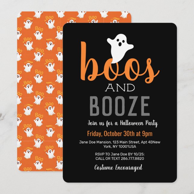 Convites Festa de Halloween Laranja Preto Boos e Bebida (Frente/Verso)