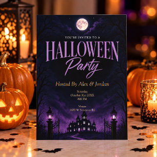 Convites Festa de Halloween Mansão Assombrada Purple Gothic