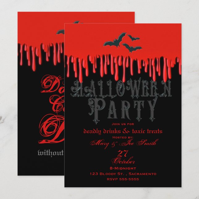 Convites Festa de Halloween Morcegos Góticos e Sangue Gotej (Frente/Verso)