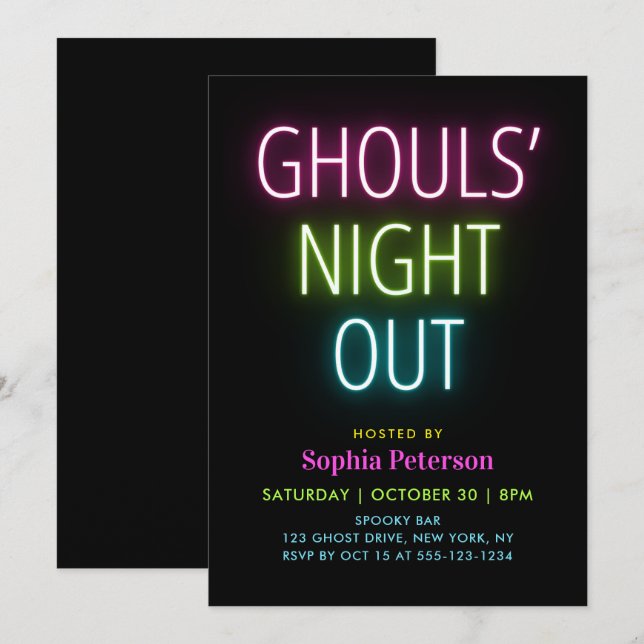 Convites Festa de Halloween Neon Lights Ghouls Night Out (Frente/Verso)