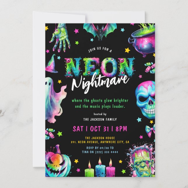 Convites Festa de Halloween Neon Nightmare (Frente)
