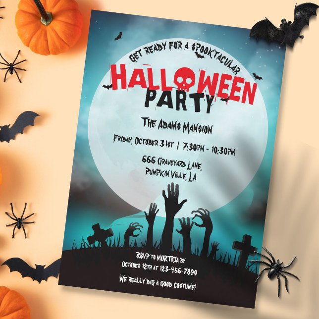 Convites Festa de Halloween no Cemitério de Zumbis Assustad (Spooky Zombie Graveyard Halloween Party Invitation)