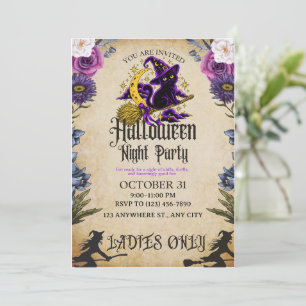 Convites Festa de Halloween Noturna para Mulheres com Gato
