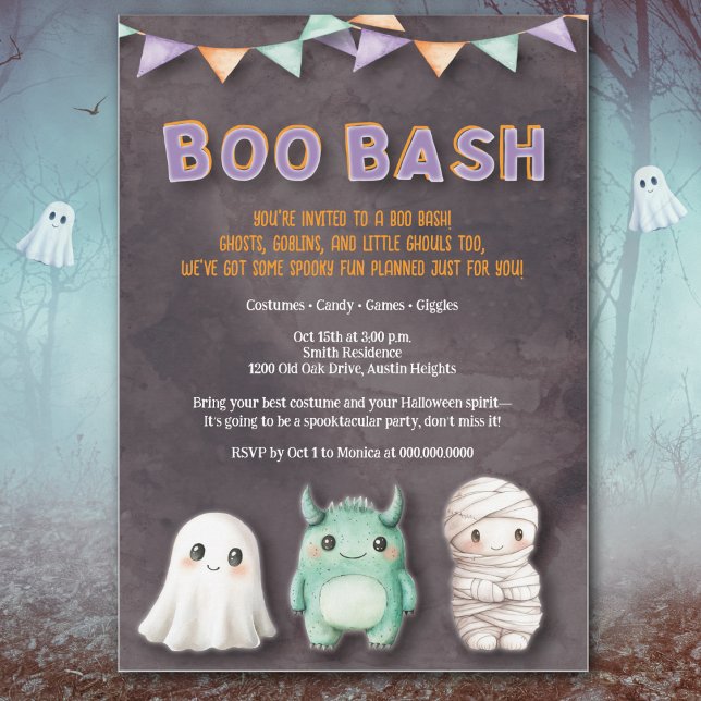 Convites Festa de Halloween para Crianças Divertidas (Fun Boo Bash kids Halloween invite with cute ghost, mummy & monster in playful watercolor style.)