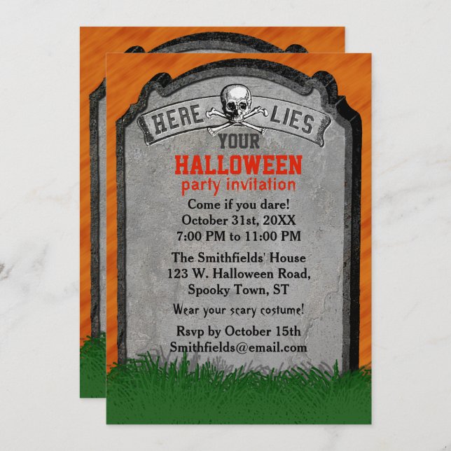 Convites Festa de Halloween| Pedra De Pedra De Crânio De Gr (Frente/Verso)